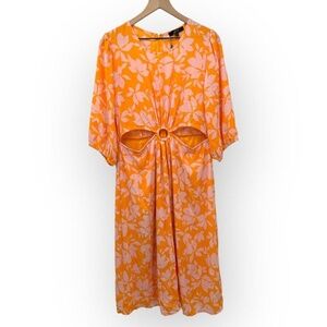 Eclair Floral Cutout Maxi Dress 3/4 Sleeves O Ring Summer Orange Size XL